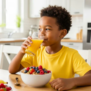 Healthy breakfast with cereal and fresh fruit for kids in bright kitchen setting.