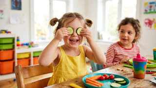 Two children sit at a table during lunch. One child holds cucumber slices in front of her eyes while smiling. The other looks on with interest. The room is bright and colorful.