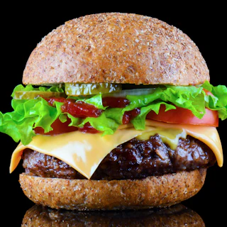 Big tasty hamburger or cheeseburger on black background with grilled meat, cheese, tomato, bacon, onion. Burger closeup.